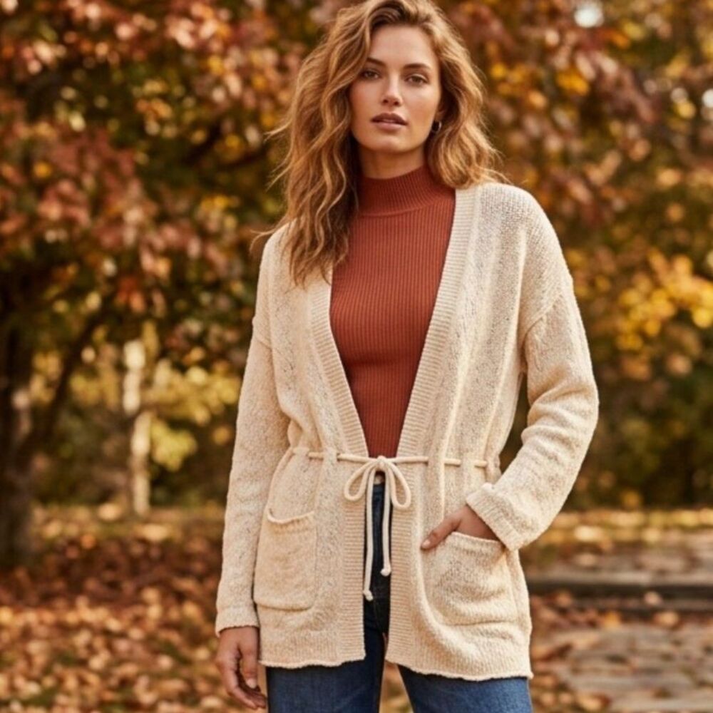 PAIGE Oatmeal Beige 100% Cotton Drawstring Waist Open Front Cardigan Sweater M